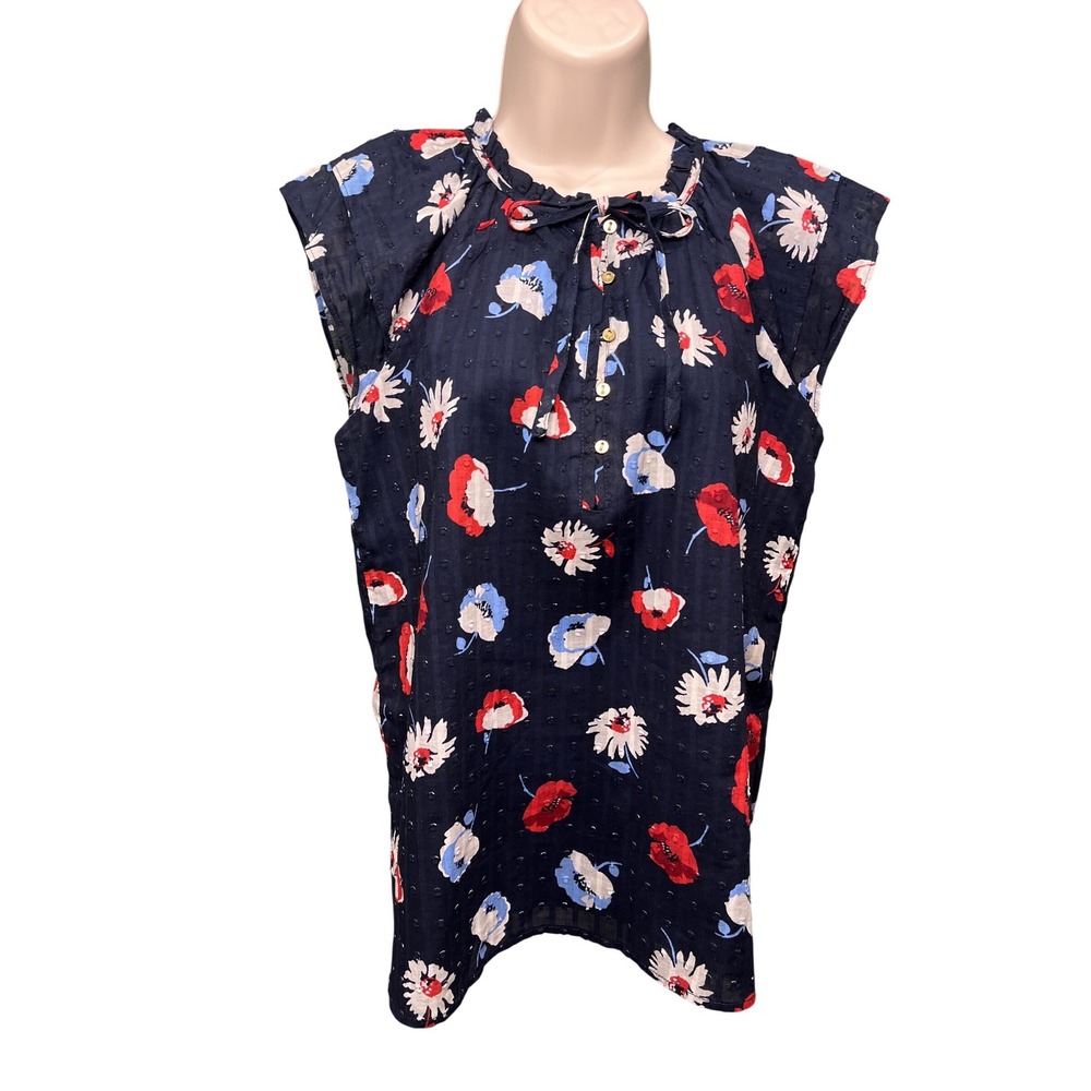 LOFT Womens Navy Blue Floral Swiss Dot Sleeveless Ruffle Tie Neck Blouse Small